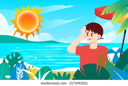 Too Hot In Summer Character Heat Stroke, High Temperature Warning, Hot Summer Day, Vector Illustration