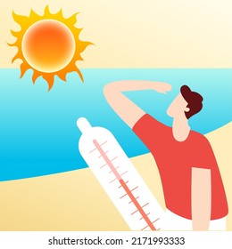 Too Hot In Summer Character Heat Stroke, High Temperature Warning, Hot Summer Day, Vector Illustration