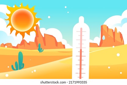 Demasiado caliente en el verano de la carrera de calor del personaje, advertencia de alta temperatura, día de verano caliente, ilustración vectorial