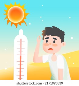 Demasiado caliente en el verano de la carrera de calor del personaje, advertencia de alta temperatura, día de verano caliente, ilustración vectorial