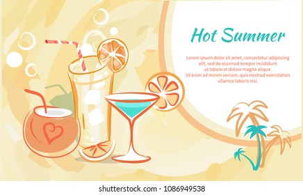 Hot summer cocktails in transparent glasses with slices of orange and in coconut shell with straw isolated vector illustrations with palm trees