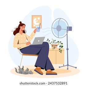 Hot summer day indoor. Woman sitting in apartment with glass with ice and cold drink. Wind and fan in home. Comfort and coziness. Cartoon flat vector illustration isolated on white background