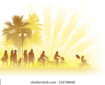 Hot summer day, people walking on a street.