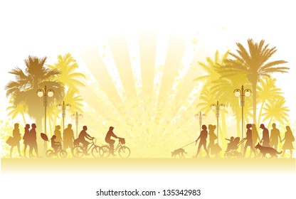 Hot summer day, people walking on a street.