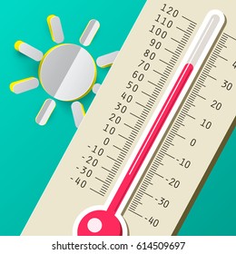 Hot Summer Day. Thermometer with Sun. Vector Flat Design Illustration.