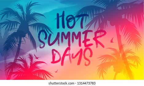 Hot Summer Days banner. New trendy realistic sand and sea texture. Season vocation, weekend, holiday logo. Summer Time Wallpaper. Happy shiny Day. Vector Lettering. Fashionable styling. Traveling.