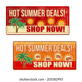 Hot Summer Deals Coupon, Voucher, Tag. Red And Orange Template With Frame, Dotted Line (dash Line), Vector Illustration