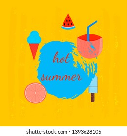 Hot summer design. Banner template. Slise of watermelon, lemon, toucan, coctail, coconut  on orange texture background. Vector illustration