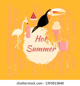 Hot summer design. Banner template. Flamingo, tropical leaf monstera, slise of watermelon, ice cream, toucan on orange texture background. 