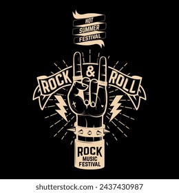 Hot summer festival. Human hand with rock and roll sign. Rock music festival. Design element for poster, flyer, emblem, logo, sign.  Vector illustration.