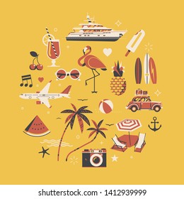 Hot Summer flat design vector collage styled illustration with vacation, travel and leisure themed decorative items