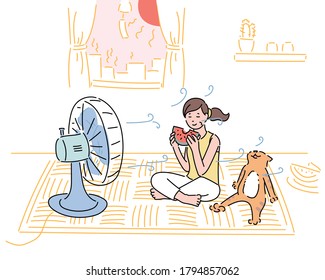 In the hot summer, a girl and a cat sit in front of an electric fan and are in the cool breeze. hand drawn style vector design illustrations. 