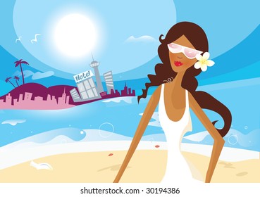 Hot summer girl on vacation. Summer is coming! Beautiful girl on beach. Art vector Illustration.
