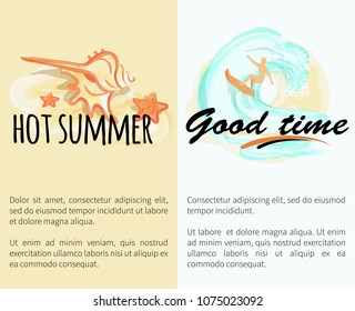 Hot summer good time set of posters with cream colored sea shell and man surfing on surfboard vector illustrations with place for text