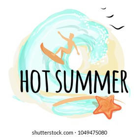 Hot summer happy placard man surfing, star fish and big wave, birds and character, hot summer poster vector illustration isolated on white background