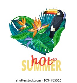 Hot Summer. Heart of tropical leaves with toucan. 