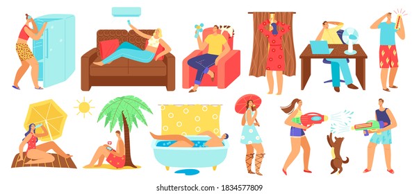 Ilustración vectorial del día de calor de verano caliente. Personas llanas de caricatura tomando el sol en una playa tropical en calor, sobrecalentando al hombre personaje de mujer sentada en casa o oficina con aire acondicionado, enfriándose bajo ventilador