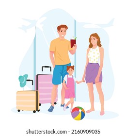 Hot summer, summer holiday. The family is going on holiday. Airport, beach ball, suitcase.