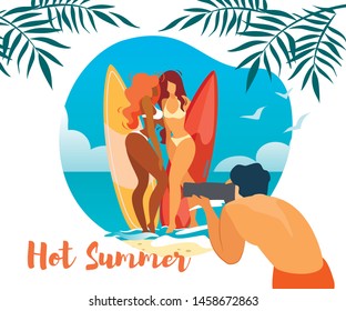 Hot Summer Horizontal Banner with Man Photographer Making Photo of Young Sexy Girls in Bikini Posing with Surfing Board on Seaside Background with Palm Leaves, Holiday Cartoon Flat Vector Illustration