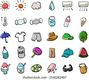 Hot summer image handwritten icon set