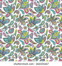 Hot Summer Indian Pattern | Bright Ethnic background with paisley ornaments, flowers and swirls multicolored in sketch style for creative textile and wallpaper design