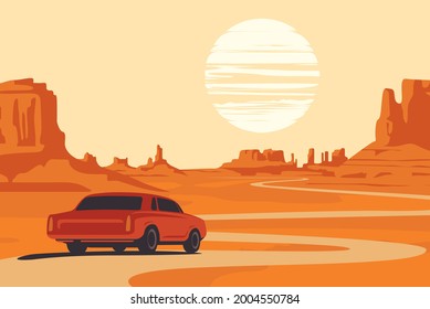 Hot summer landscape with deserted valley, mountains, winding road and single passing car. Western scenic illustration. Decorative vector background, Wild West prairie