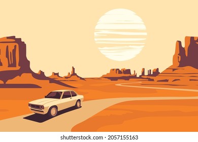 Hot summer landscape with deserted valley, mountains, winding road and single passing car. Western scenic illustration in orange and beige colors. Decorative vector background, Wild West prairie