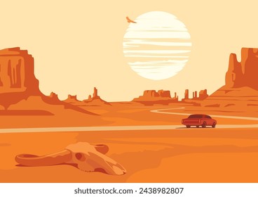 Hot summer landscape with deserted valley, mountains, winding road,  single passing car and skull bull. Western scenic illustration. Decorative vector background, Wild West prairie