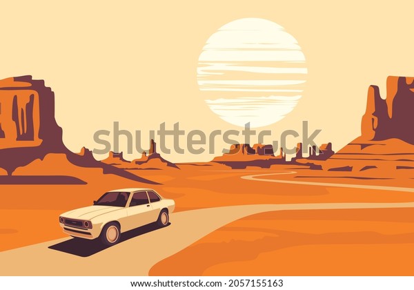 Hot summer landscape with deserted valley,\
mountains, winding road and single passing car. Western scenic\
illustration in orange and beige colors. Decorative vector\
background, Wild West\
prairie