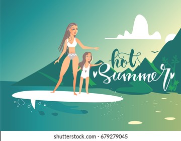 Hot summer mother and daughter floating on a surfboard