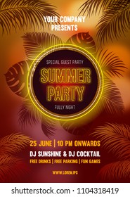 Hot Summer Night Party poster bright design with silhouettes of the palm leaves on blurred background in golden color tone. Vector illustration.