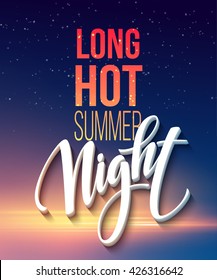 Hot Summer Night Party Poster Design with typographic elements on the sea beach background . Vector illustration EPS10