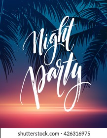 Hot Summer Night Party Poster Design with typographic elements on the sea beach background . Vector illustration EPS10