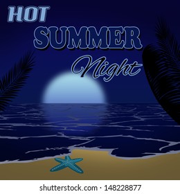 Hot summer night poster background with palm tree and blue moon, vector illustration