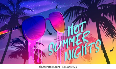 Hot Summer Nights banner. New trendy  sea sky vector texture. Season vocation, weekend, holiday logo. Summer Time Wallpaper. Happy shiny sunset Day. Vector Lettering. Fashionable styling. Traveling.