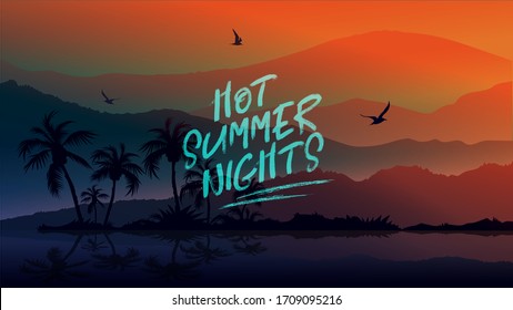 Hot Summer Nights banner. New trendy realistic sand and sea texture. Season vocation, weekend, holiday logo. Summer Time Wallpaper. Happy shiny Day. Vector Lettering. Fashionable styling. Traveling.
