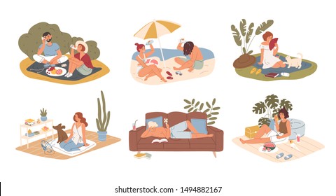 Hot summer outdoor and indoor recreation flat vector illustration set. Couple having picnic in park, sunbathing on sand beach. Man reading book at home. People refreshing from heat characters pack.
