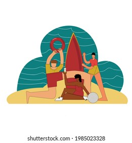 Hot summer outdoor recreation flat vector illustration. Couple having picnic in park, sunbathing on sand beach. People refreshing from heat characters pack.