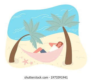 Hot summer outdoor recreation on sand beach. Woman sunbathing on hammock. Vector illustration summer time vacation chill out