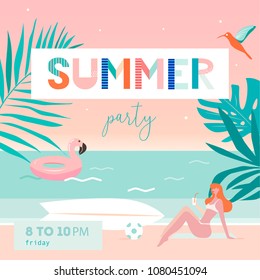 Hot summer party background layout with palm leafs, woman, ocean, tropical sunshine. Vector illustration template. Banner, flyer, invitation, posters, brochure, voucher discount. Advertising concept