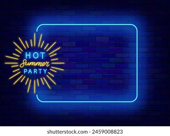 Hot summer party neon special offer banner. Holiday promotion. Empty blue frame and typography with sun beams. Event celebration. Copy space. Editable stroke. Vector stock illustration