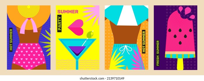 Hot summer party poster design template with summertime backgrounds. Summer themes,vacation,weekend,beach.Perfect background for posters,cover art,flyer,banner,web.Vector illustration.