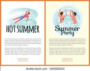 Hot summer party vector, man laying on surfing board, active relaxation of people on vacation. Male and female in water having fun, website online pages