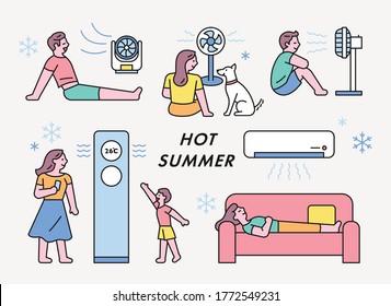 Hot summer people are feeling the cool breeze in front of air conditioners and fans. flat design style minimal vector illustration.