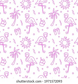 Hot summer. Pink flamingos, sun, palms. Hand-drawn seamless vector pattern. Trendy design for fabric, packaging, paper. Simple doodle style