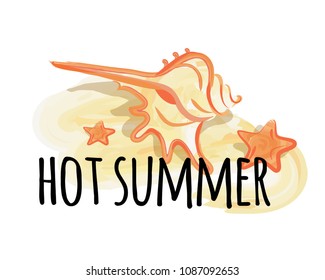 Hot summer poster with cream colored sea shell and starfish on sand background in cartoon style, vector illustration advertisement banner