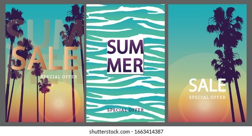 Hot Summer Poster Vorlagen universelles Design mit Palmen in tropischem Sonnenaufgang