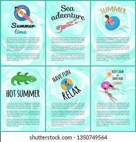 Hot summer poster with text vector, people on vacation, sea adventures of tourists. Lady laying in lifebuoy, swimming people, crocodile in water set