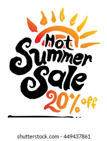 Hot Summer Sale. 20% off. Hand lettering and sun vector poster. 