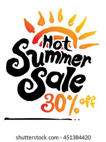 Hot Summer Sale. 30% off. Hand lettering and sun vector poster. 